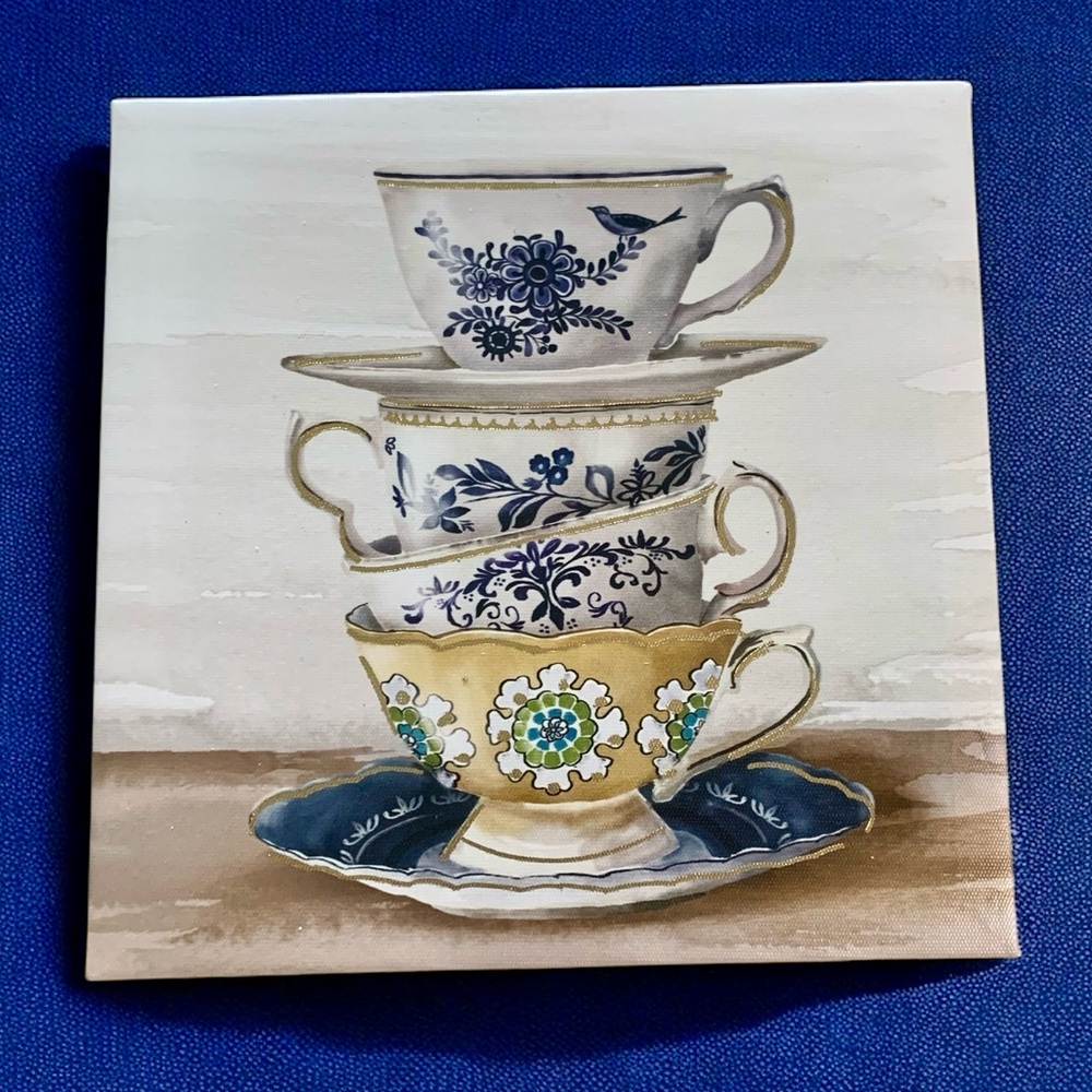 Framed Wall Art Home Decor Blue & Yellow Teacup on Canvas